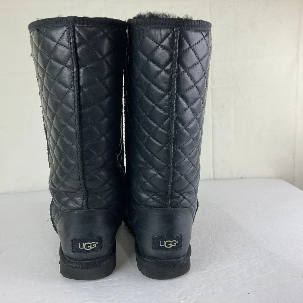 UGG Quilted Leather Tall Boots Womens 8 Black Shearling Lined Winter Designer